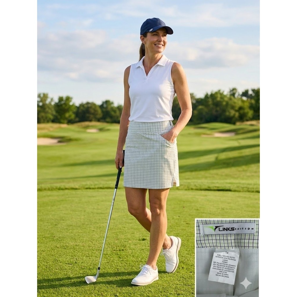 Links Edition Skort Women's 14 Golf Plaid White Green Navy Blue Side Slit